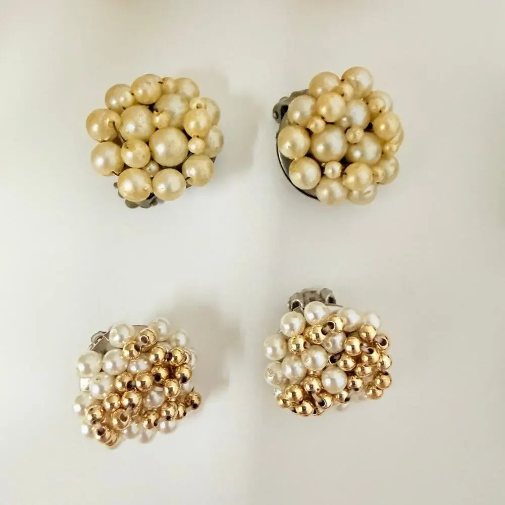 Lot of 15 Hong Kong Japan Cluster Flower Faux Pearl Shell Bead Clip On Earrings